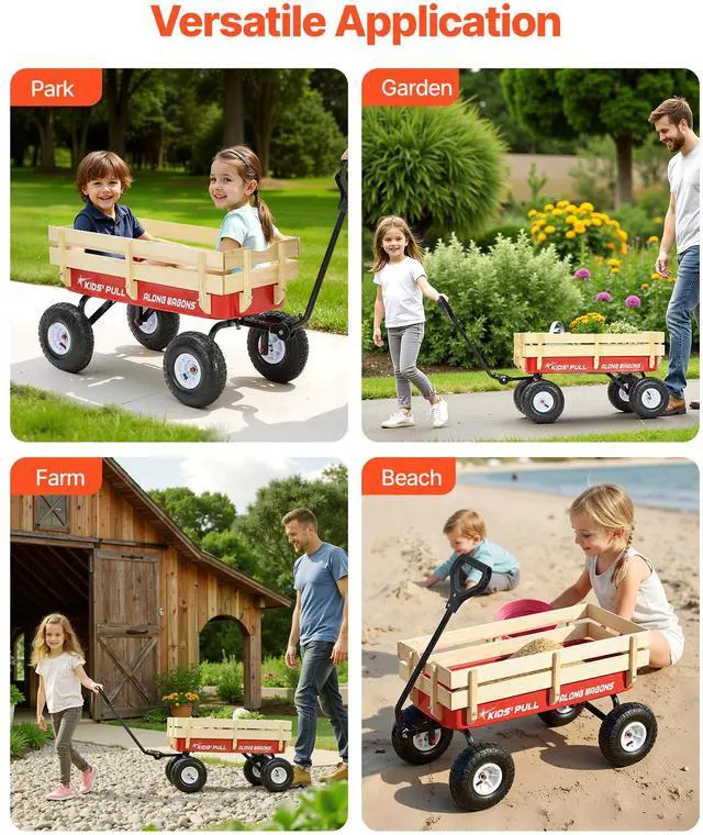 Alt view image 6 of 7 - Pull-Along Wagon for Kids, 39 inch Toddler Wagons with Wooden Panels & Handle, Supports up to 330 lbs, All-Terrain Utility Wagon Cart Birthday Present for Kids Gardening Beach, Red