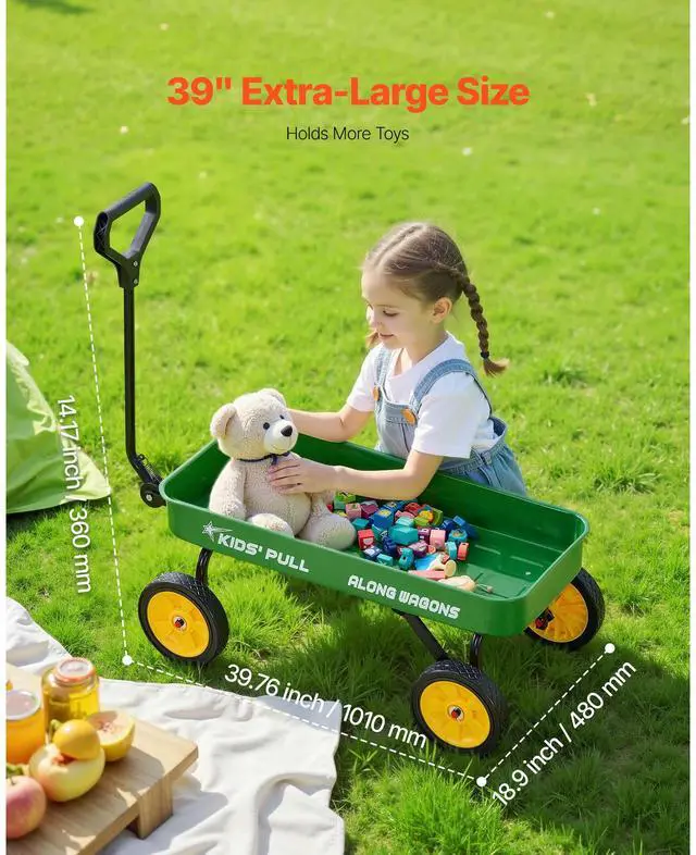 Alt view image 4 of 7 - Pull-Along Wagon for Kids, 39 inch Toddler Wagons, Supports up to 176 lbs, All-Terrain Wagons with Handle, Utility Wagon Cart Birthday Present for Kids Gardening Beach Camping, Green