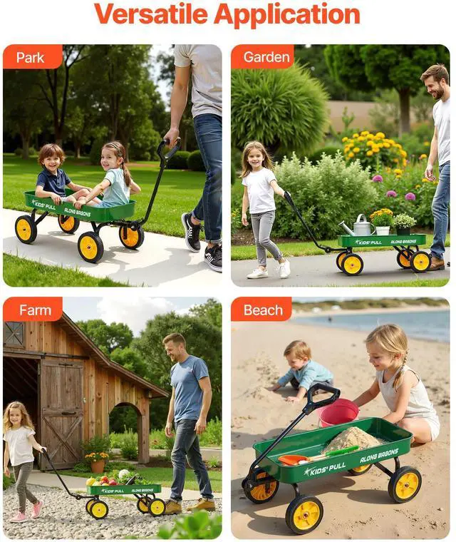 Alt view image 6 of 7 - Pull-Along Wagon for Kids, 39 inch Toddler Wagons, Supports up to 176 lbs, All-Terrain Wagons with Handle, Utility Wagon Cart Birthday Present for Kids Gardening Beach Camping, Green
