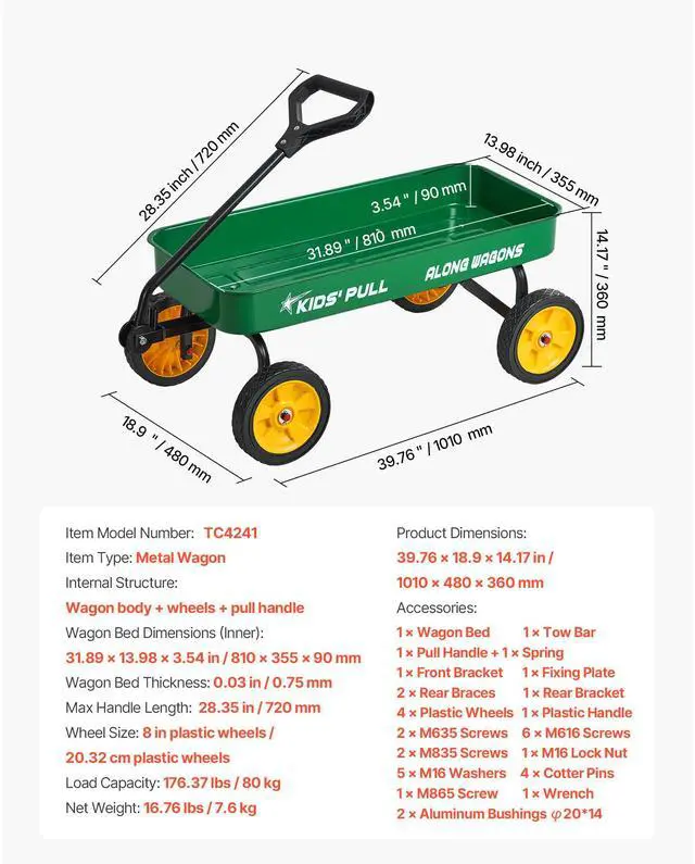 Alt view image 7 of 7 - Pull-Along Wagon for Kids, 39 inch Toddler Wagons, Supports up to 176 lbs, All-Terrain Wagons with Handle, Utility Wagon Cart Birthday Present for Kids Gardening Beach Camping, Green