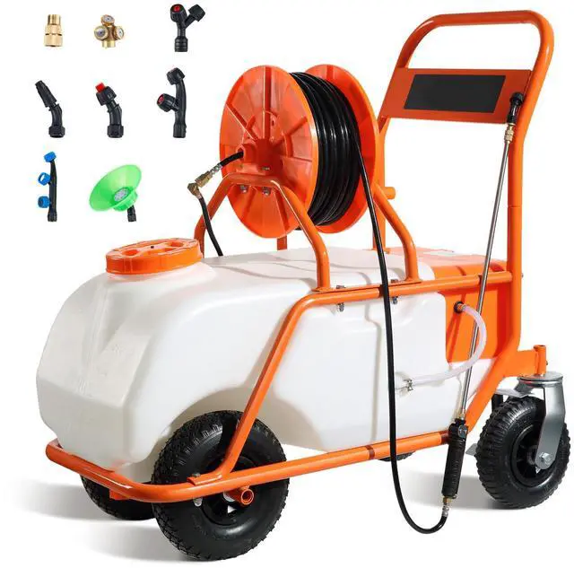 Alt view image 9 of 15 - VEVOR Battery Powered Lawn Sprayer on Wheel, 0-90 PSI Adjustable Pressure, 15 Gallon Tank, Cart Sprayer with 8 Nozzles and 2 Wands, 12V 12Ah Battery, Wide Mouth Lid for Weeding, Spraying