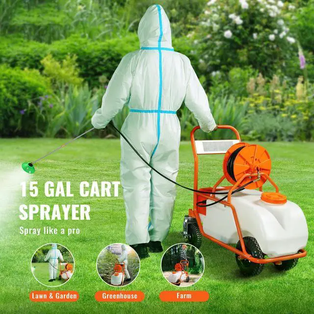 Alt view image 10 of 15 - VEVOR Battery Powered Lawn Sprayer on Wheel, 0-90 PSI Adjustable Pressure, 15 Gallon Tank, Cart Sprayer with 8 Nozzles and 2 Wands, 12V 12Ah Battery, Wide Mouth Lid for Weeding, Spraying