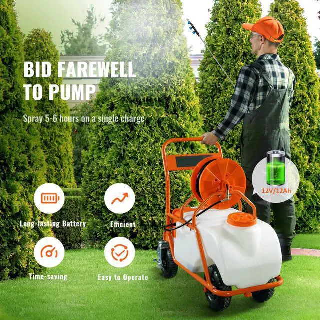 Alt view image 11 of 15 - VEVOR Battery Powered Lawn Sprayer on Wheel, 0-90 PSI Adjustable Pressure, 15 Gallon Tank, Cart Sprayer with 8 Nozzles and 2 Wands, 12V 12Ah Battery, Wide Mouth Lid for Weeding, Spraying