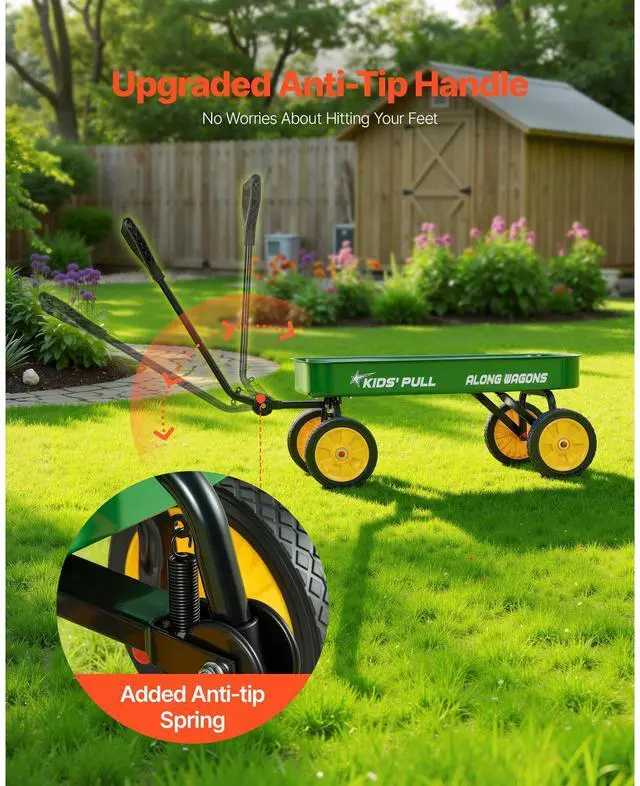 Alt view image 5 of 7 - Pull-Along Wagon for Kids, 39 inch Toddler Wagons, Supports up to 176 lbs, All-Terrain Wagons with Handle, Utility Wagon Cart Birthday Present for Kids Gardening Beach Camping, Green