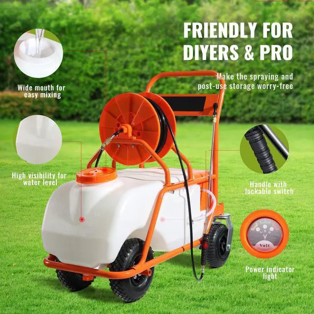 Alt view image 14 of 15 - VEVOR Battery Powered Lawn Sprayer on Wheel, 0-90 PSI Adjustable Pressure, 15 Gallon Tank, Cart Sprayer with 8 Nozzles and 2 Wands, 12V 12Ah Battery, Wide Mouth Lid for Weeding, Spraying