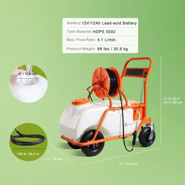 Alt view image 15 of 15 - VEVOR Battery Powered Lawn Sprayer on Wheel, 0-90 PSI Adjustable Pressure, 15 Gallon Tank, Cart Sprayer with 8 Nozzles and 2 Wands, 12V 12Ah Battery, Wide Mouth Lid for Weeding, Spraying