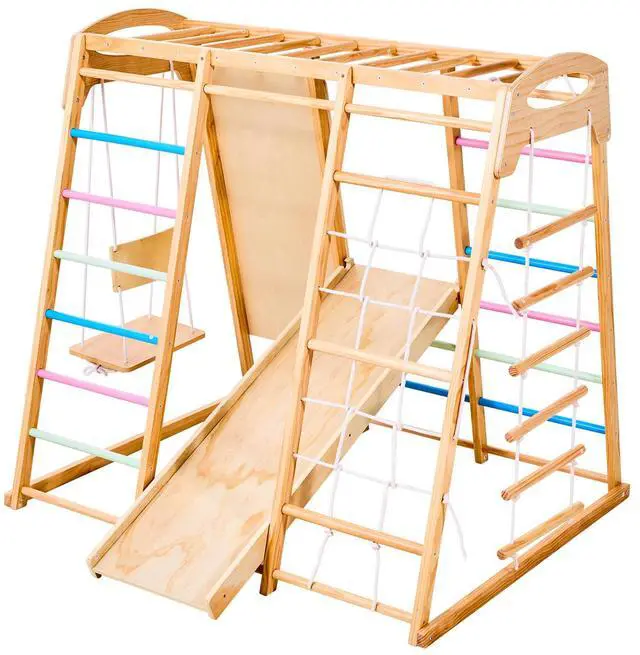 Alt view image 2 of 8 - VEVOR Indoor Playground Jungle Gym 7-in-1 Wooden Indoor Playground for Kids