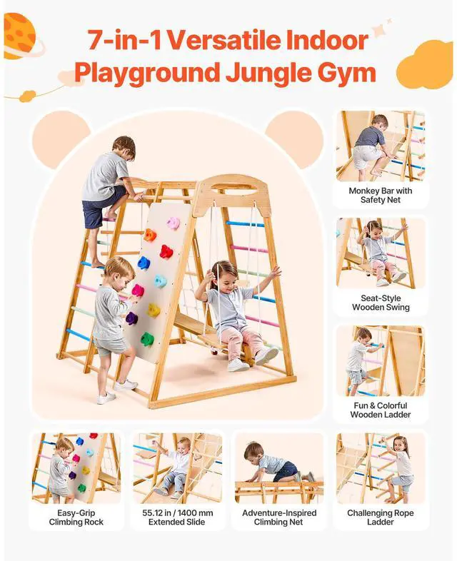 Alt view image 3 of 8 - VEVOR Indoor Playground Jungle Gym 7-in-1 Wooden Indoor Playground for Kids