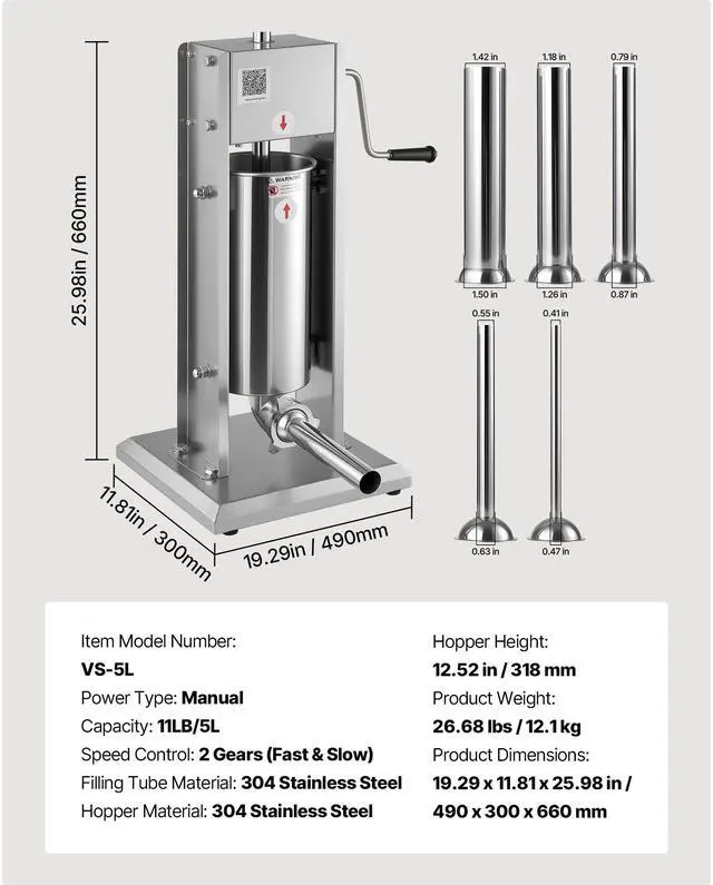Alt view image 8 of 8 - VEVOR Manual Sausage Stuffer 11 LBS / 5 L with 5 Tubes for Commercial & Home