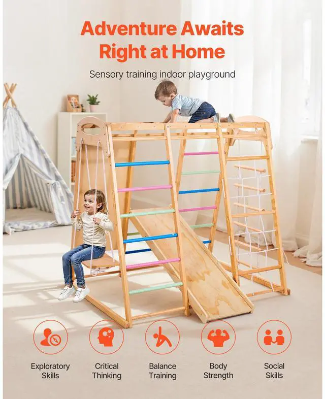 Alt view image 6 of 8 - VEVOR Indoor Playground Jungle Gym 7-in-1 Wooden Indoor Playground for Kids
