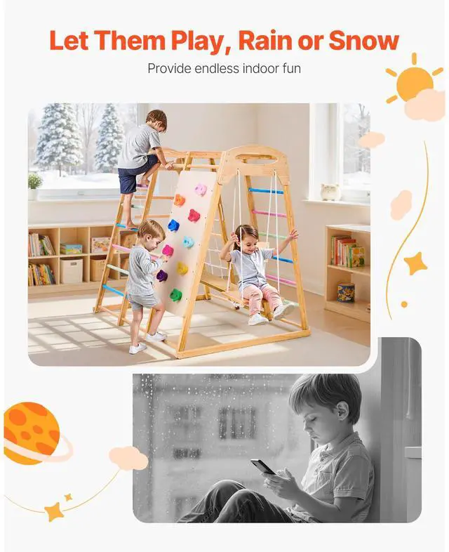 Alt view image 7 of 8 - VEVOR Indoor Playground Jungle Gym 7-in-1 Wooden Indoor Playground for Kids