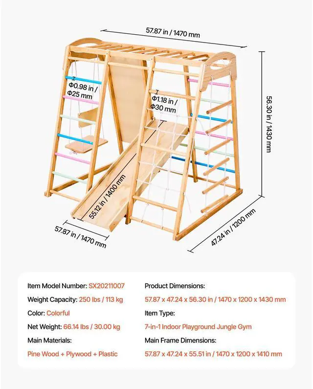 Alt view image 8 of 8 - VEVOR Indoor Playground Jungle Gym 7-in-1 Wooden Indoor Playground for Kids