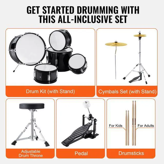 Alt view image 7 of 8 - VEVOR Kids Drum Set, 5-Piece, 16 in Beginner Full Drum Set with Bass Toms Snare Floor Drum Adjustable Throne Cymbal Hi-Hat Pedal and Two Pairs of Drumsticks, Starter Drum Kit for Child Kids, Black