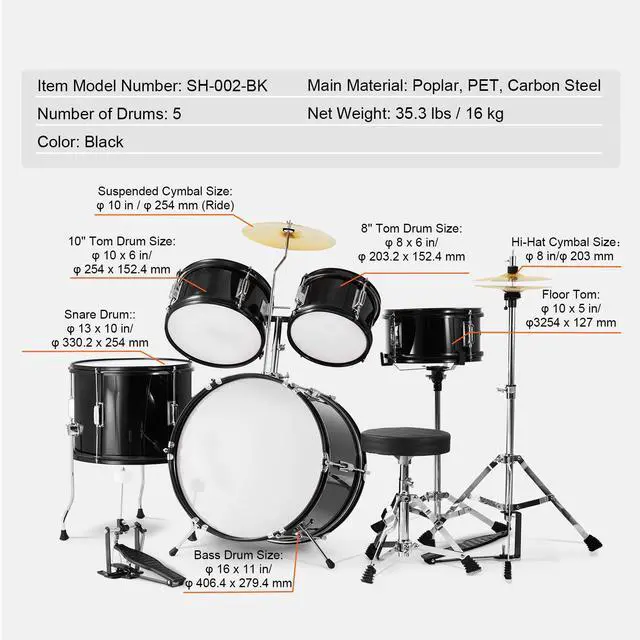 Alt view image 8 of 8 - VEVOR Kids Drum Set, 5-Piece, 16 in Beginner Full Drum Set with Bass Toms Snare Floor Drum Adjustable Throne Cymbal Hi-Hat Pedal and Two Pairs of Drumsticks, Starter Drum Kit for Child Kids, Black