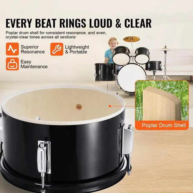 Alt view image 3 of 8 - VEVOR Kids Drum Set, 5-Piece, 16 in Beginner Full Drum Set with Bass Toms Snare Floor Drum Adjustable Throne Cymbal Hi-Hat Pedal and Two Pairs of Drumsticks, Starter Drum Kit for Child Kids, Black