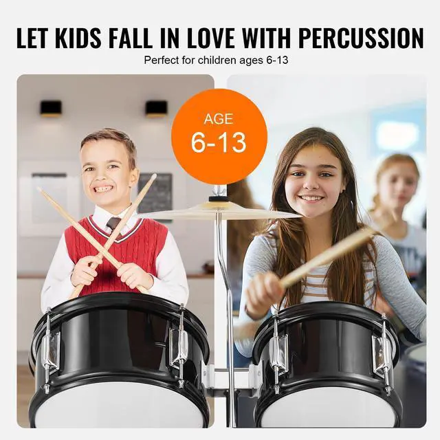 Alt view image 5 of 8 - VEVOR Kids Drum Set, 5-Piece, 16 in Beginner Full Drum Set with Bass Toms Snare Floor Drum Adjustable Throne Cymbal Hi-Hat Pedal and Two Pairs of Drumsticks, Starter Drum Kit for Child Kids, Black