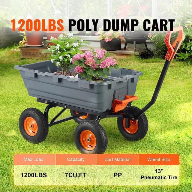 Alt view image 9 of 14 - VEVOR Dump Cart, Poly Garden Dump Cart with Easy to Assemble Steel Frame, Dump Wagon with 2-in-1 Convertible Handle, 6.48 cu.ft Utility Wheelbarrow 1200 lbs Capacity, 13 inch Tires