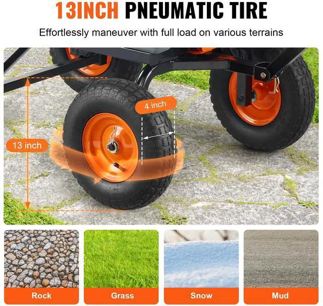 Alt view image 12 of 14 - VEVOR Dump Cart, Poly Garden Dump Cart with Easy to Assemble Steel Frame, Dump Wagon with 2-in-1 Convertible Handle, 6.48 cu.ft Utility Wheelbarrow 1200 lbs Capacity, 13 inch Tires