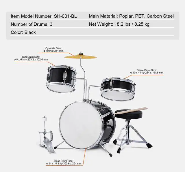 Alt view image 14 of 14 - VEVOR Kids Drum Set, 3-Piece, 14 in Beginner Drum Set with Adjustable Throne Cymbal Pedal Two Pairs of Drumsticks, 8'' Tom Drum 10'' Snare Drum 14'' Bass Drum, Starter Drum Kit for Child Kids, Black