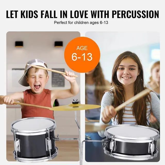Alt view image 11 of 14 - VEVOR Kids Drum Set, 3-Piece, 14 in Beginner Drum Set with Adjustable Throne Cymbal Pedal Two Pairs of Drumsticks, 8'' Tom Drum 10'' Snare Drum 14'' Bass Drum, Starter Drum Kit for Child Kids, Black
