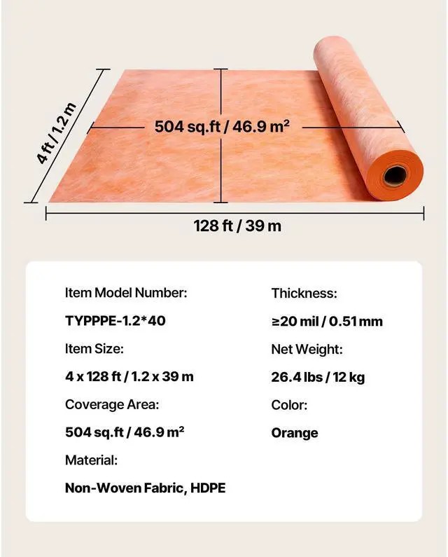 Alt view image 8 of 8 - VEVOR Waterproof Membrane for Shower, 4 x 128 ft 504 sq.ft Waterproofing Tile Membrane, 20 mil Thickness Polyethylene Fabric Roll, Easy to Cut for Bathroom, Kitchen, Sauna, Walls, Underlayment