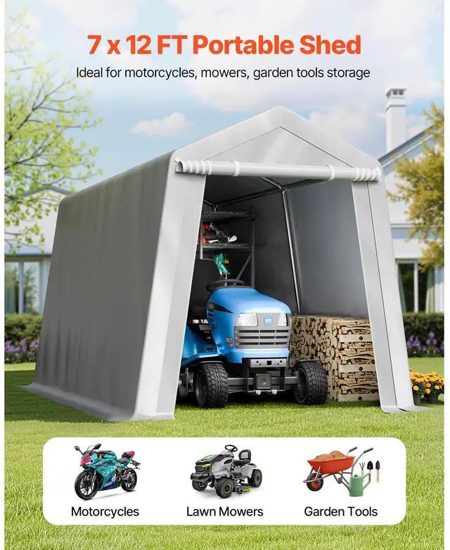 Alt view image 10 of 15 - VEVOR Portable Shed Outdoor Storage Shelter, 7 x 12 x 7.36 ft Heavy Duty All-Season Instant Storage Tent Tarp Sheds with Roll-up Zipper Door and Ventilated Windows For Motorcycle, Bike, Garden Tools