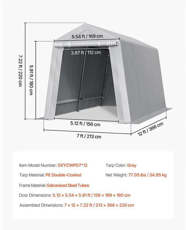 Alt view image 15 of 15 - VEVOR Portable Shed Outdoor Storage Shelter, 7 x 12 x 7.36 ft Heavy Duty All-Season Instant Storage Tent Tarp Sheds with Roll-up Zipper Door and Ventilated Windows For Motorcycle, Bike, Garden Tools