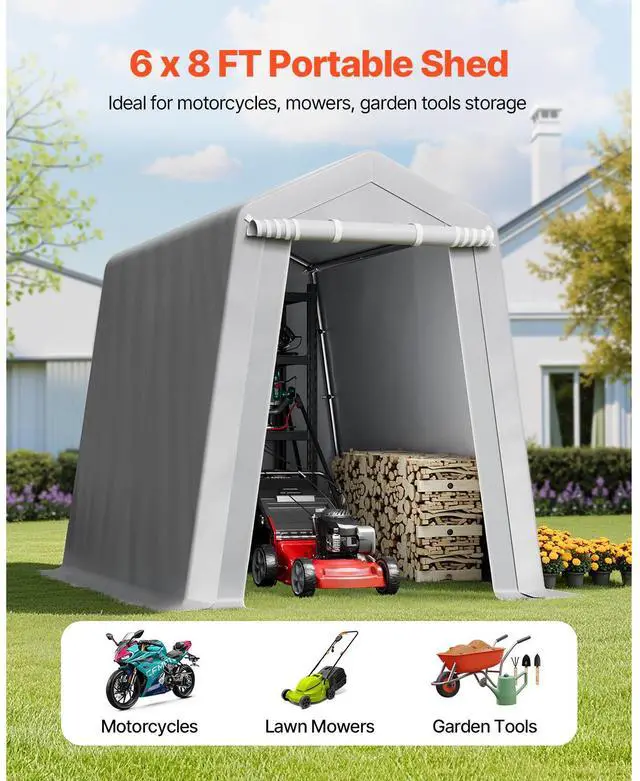 Alt view image 10 of 15 - VEVOR Portable Shed Outdoor Storage Shelter, 6 x 8 x 7 ft Heavy Duty All-Season Instant Storage Tent Tarp Sheds with Roll-up Zipper Door and Ventilated Windows For Motorcycle, Bike, Garden Tools