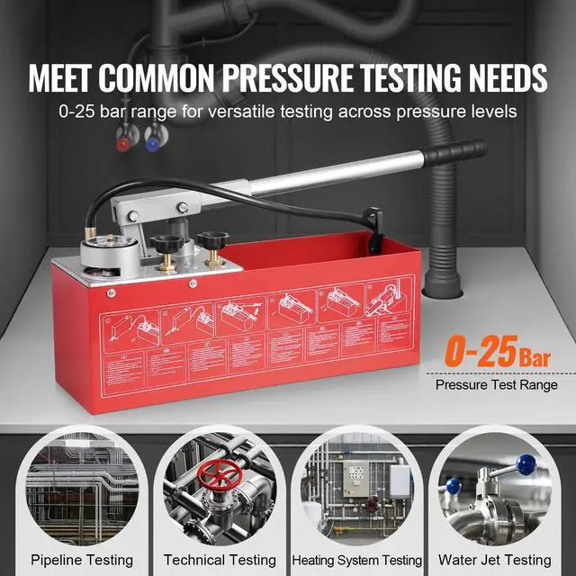 Alt view image 3 of 8 - VEVOR Hydrostatic Test Pump, Max 25 bar/362 PSI, Dual Valve Hydraulic Manual Water Pressure Tester Kit with Gauge 2.8 Gal Water Tank, 4.6 ft Hose with 1/2 inch External Thread Connector for Pipeline