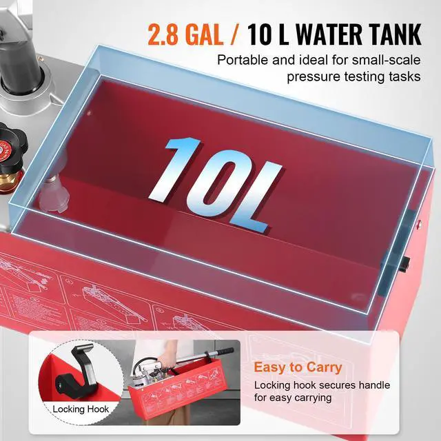 Alt view image 5 of 8 - VEVOR Hydrostatic Test Pump, Max 25 bar/362 PSI, Dual Valve Hydraulic Manual Water Pressure Tester Kit with Gauge 2.8 Gal Water Tank, 4.6 ft Hose with 1/2 inch External Thread Connector for Pipeline