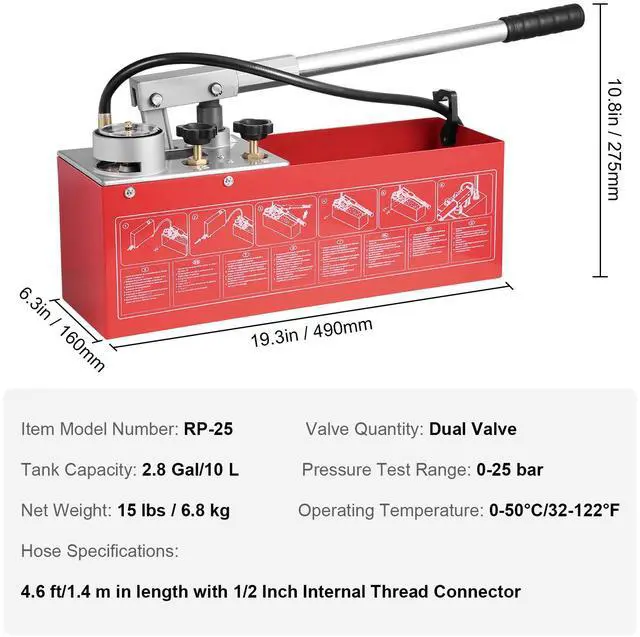 Alt view image 8 of 8 - VEVOR Hydrostatic Test Pump, Max 25 bar/362 PSI, Dual Valve Hydraulic Manual Water Pressure Tester Kit with Gauge 2.8 Gal Water Tank, 4.6 ft Hose with 1/2 inch External Thread Connector for Pipeline