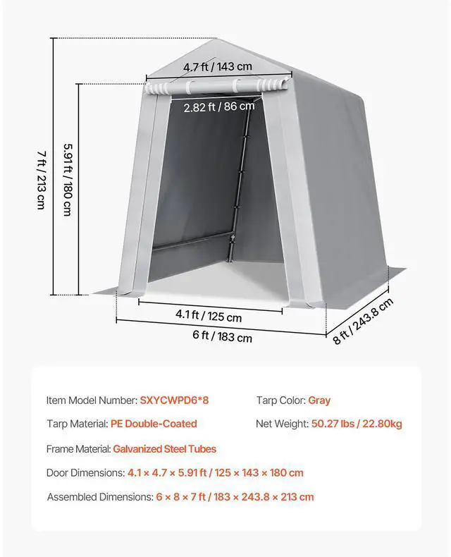 Alt view image 15 of 15 - VEVOR Portable Shed Outdoor Storage Shelter, 6 x 8 x 7 ft Heavy Duty All-Season Instant Storage Tent Tarp Sheds with Roll-up Zipper Door and Ventilated Windows For Motorcycle, Bike, Garden Tools