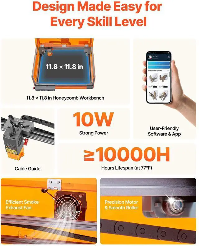Alt view image 4 of 8 - VEVOR Laser Engraver, 10W, Laser Engraving and Cutting Machine with Enclosure, Laser Cutter Engraver Machine, 11.8 x 11.8 in Working Area, 7000 mm/min, for Wood, Leather, Glass, Certain Metal, Class 1