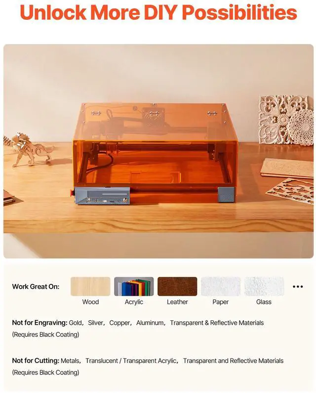 Alt view image 8 of 8 - VEVOR Laser Engraver, 10W, Laser Engraving and Cutting Machine with Enclosure, Laser Cutter Engraver Machine, 11.8 x 11.8 in Working Area, 7000 mm/min, for Wood, Leather, Glass, Certain Metal, Class 1