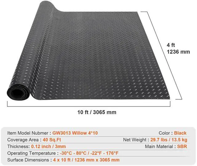 Alt view image 14 of 14 - VEVOR Diamond-Plate Rubber Flooring Roll, 3 mm x 4 ft x 10 ft Garage Floor Mat, SBR Rubber Garage Flooring Roll, Easy to Clean, Diamond Plate Rubber Mat for Under Cars, Garage Industry Gym, Black