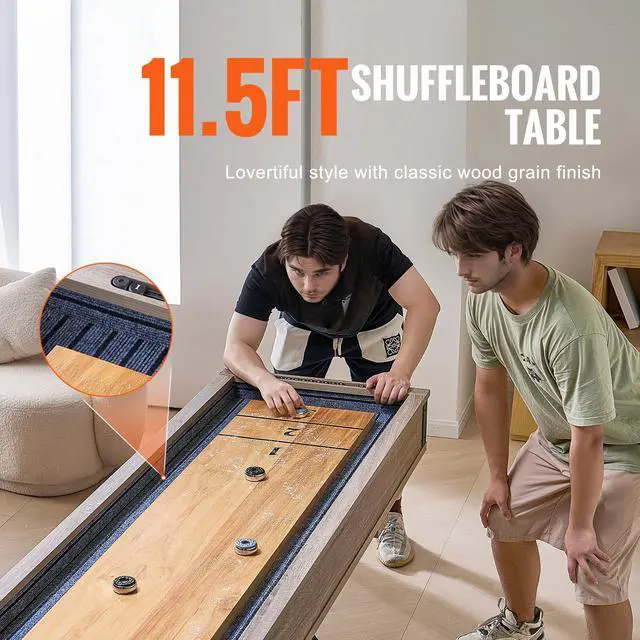Alt view image 2 of 7 - Shuffleboard Table, 11.5 ft Shuffleboard for Family Game Rooms, 2 in 1 Shuffleboard and Bowling Combo Game Set, with Scratch-Resistant Playfield, Legs, 8 Pucks, Bowling Set, Wax, and Table Brush