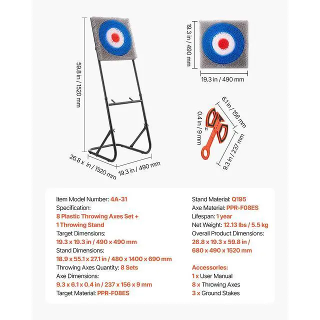 Alt view image 14 of 14 - Axe Throwing Game Plastic Bristle Target with 8 Throwing Axes Set Steel Frame