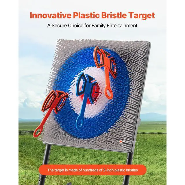 Alt view image 11 of 14 - Axe Throwing Game Plastic Bristle Target with 8 Throwing Axes Set Steel Frame