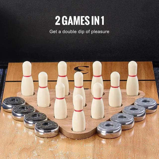 Alt view image 3 of 7 - Shuffleboard Table, 11.5 ft Shuffleboard for Family Game Rooms, 2 in 1 Shuffleboard and Bowling Combo Game Set, with Scratch-Resistant Playfield, Legs, 8 Pucks, Bowling Set, Wax, and Table Brush