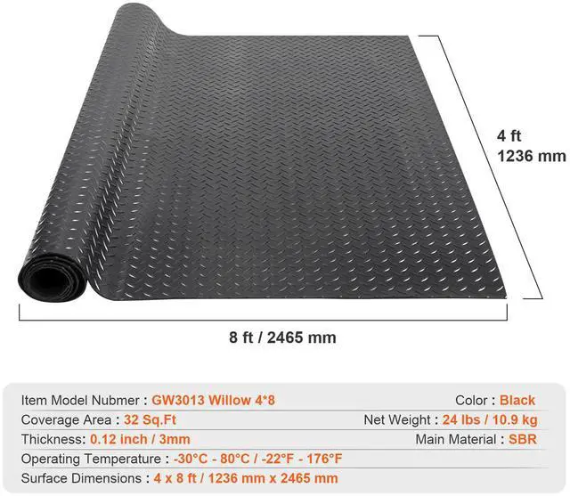 Alt view image 14 of 14 - VEVOR Diamond-Plate Rubber Flooring Roll, 3 mm x 4 ft x 8 ft Garage Floor Mat, SBR Rubber Garage Flooring Roll, Easy to Clean, Diamond Plate Rubber Mat for Under Cars, Garage Industry Gym, Black
