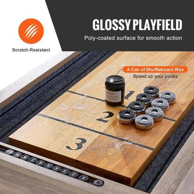Alt view image 4 of 7 - Shuffleboard Table, 11.5 ft Shuffleboard for Family Game Rooms, 2 in 1 Shuffleboard and Bowling Combo Game Set, with Scratch-Resistant Playfield, Legs, 8 Pucks, Bowling Set, Wax, and Table Brush