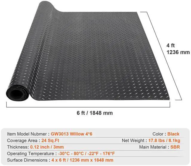 Alt view image 14 of 14 - VEVOR Diamond-Plate Rubber Flooring Roll, 3 mm x 4 ft x 6 ft Garage Floor Mat, SBR Rubber Garage Flooring Roll, Easy to Clean, Diamond Plate Rubber Mat for Under Cars, Garage Industry Gym, Black
