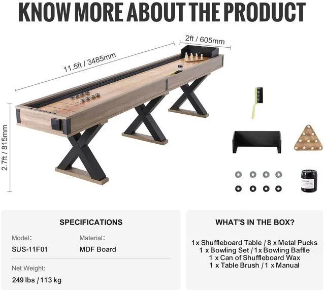 Alt view image 7 of 7 - Shuffleboard Table, 11.5 ft Shuffleboard for Family Game Rooms, 2 in 1 Shuffleboard and Bowling Combo Game Set, with Scratch-Resistant Playfield, Legs, 8 Pucks, Bowling Set, Wax, and Table Brush