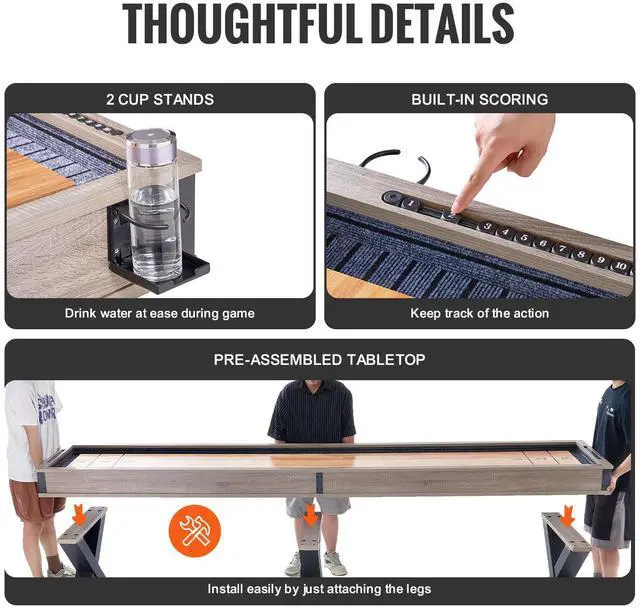 Alt view image 6 of 7 - Shuffleboard Table, 11.5 ft Shuffleboard for Family Game Rooms, 2 in 1 Shuffleboard and Bowling Combo Game Set, with Scratch-Resistant Playfield, Legs, 8 Pucks, Bowling Set, Wax, and Table Brush