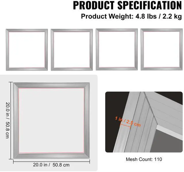 Alt view image 15 of 15 - VEVOR Screen Printing Kit, 4 Pieces Aluminum Silk Screen Printing Frames, 20x20inch Silk Screen Printing Frame with 110 Count Mesh, High Tension Nylon Mesh and Sealing Tape for T-shirts DIY Printing