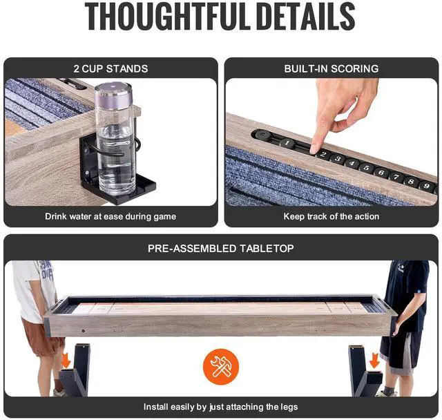 Alt view image 6 of 7 - Shuffleboard Table, 9 ft LED Light Up Shuffleboard for Family Game Room, 2 in 1 Shuffleboard and Bowling Combo Game Set, with Scratch-Resistant Playfield, Legs, 8 Pucks, Bowling Set, Wax, Brush