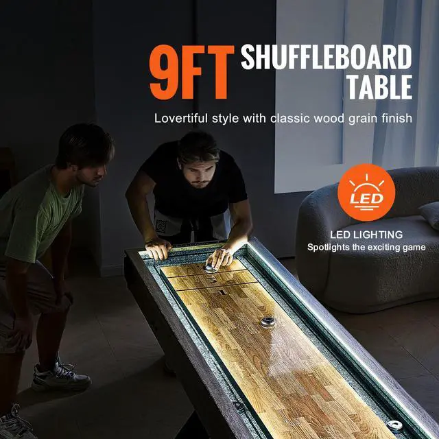 Alt view image 2 of 7 - Shuffleboard Table, 9 ft LED Light Up Shuffleboard for Family Game Room, 2 in 1 Shuffleboard and Bowling Combo Game Set, with Scratch-Resistant Playfield, Legs, 8 Pucks, Bowling Set, Wax, Brush