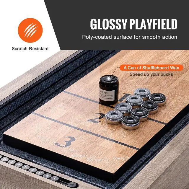 Alt view image 4 of 7 - Shuffleboard Table, 9 ft LED Light Up Shuffleboard for Family Game Room, 2 in 1 Shuffleboard and Bowling Combo Game Set, with Scratch-Resistant Playfield, Legs, 8 Pucks, Bowling Set, Wax, Brush