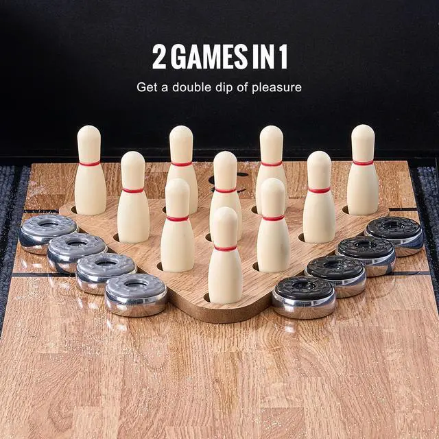 Alt view image 3 of 7 - Shuffleboard Table, 9 ft LED Light Up Shuffleboard for Family Game Room, 2 in 1 Shuffleboard and Bowling Combo Game Set, with Scratch-Resistant Playfield, Legs, 8 Pucks, Bowling Set, Wax, Brush
