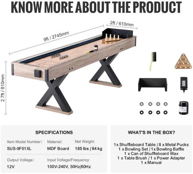Alt view image 7 of 7 - Shuffleboard Table, 9 ft LED Light Up Shuffleboard for Family Game Room, 2 in 1 Shuffleboard and Bowling Combo Game Set, with Scratch-Resistant Playfield, Legs, 8 Pucks, Bowling Set, Wax, Brush